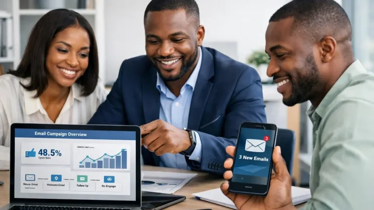 Nigerian business professionals reviewing email marketing campaign analytics and strategy for customer engagement