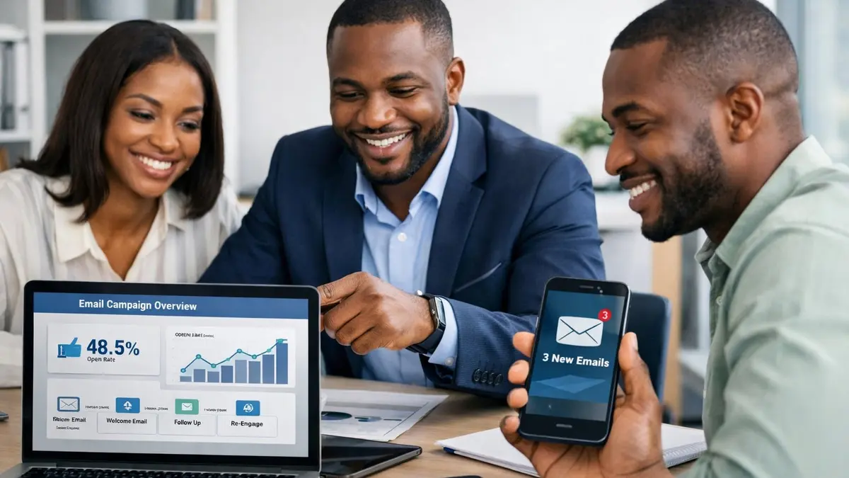 Nigerian business professionals reviewing email marketing campaign analytics and strategy for customer engagement