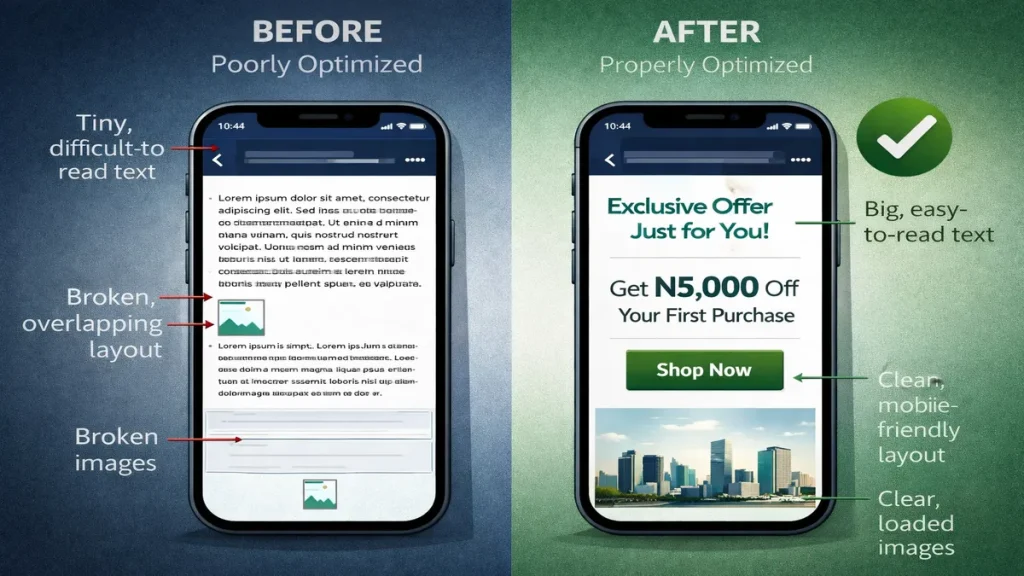 Email Marketing Best Practices Nigeria : THE DOS AND DON'Ts FOR SUCCESS 1 Before and after comparison of email optimization for mobile devices showing poorly formatted versus properly formatted email on Nigerian smartphone