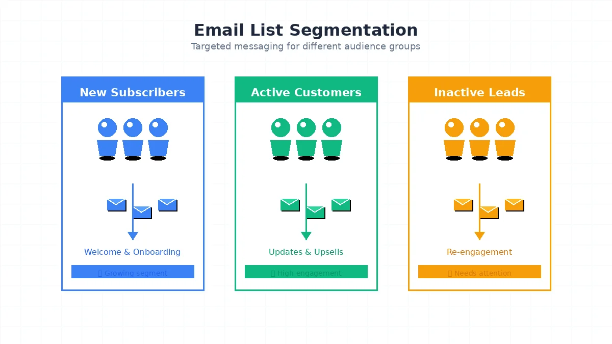 Email list segmentation diagram showing new subscribers, active customers, and inactive leads receiving targeted emails