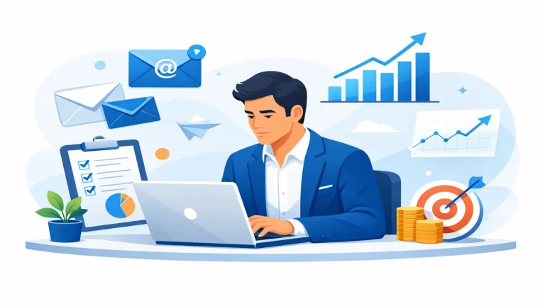 Professional creating an email marketing plan with laptop, strategy documents, and analytics charts