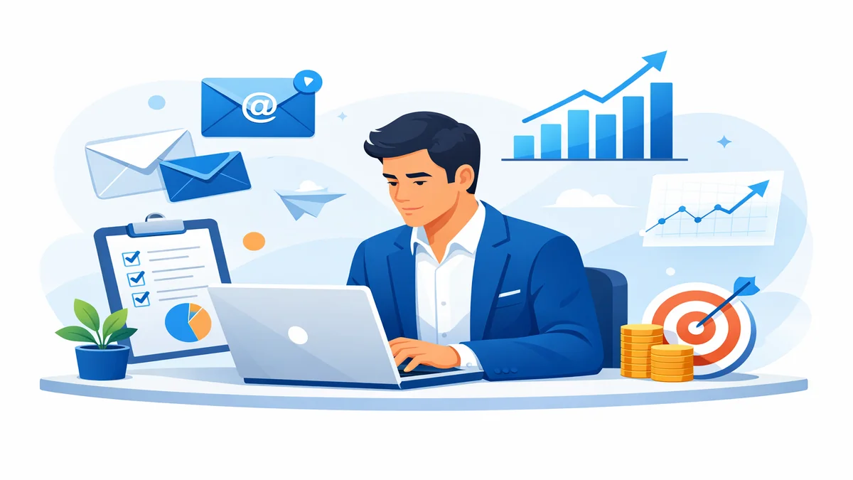 Professional creating an email marketing plan with laptop, strategy documents, and analytics charts