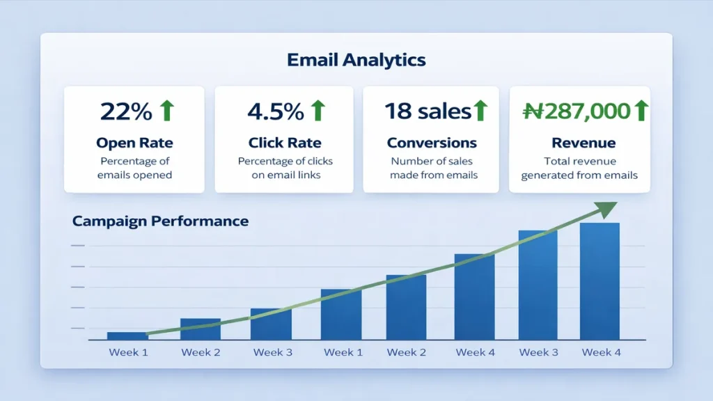 Email campaign analytics dashboard showing open rates click rates and revenue metrics for Nigerian email marketing