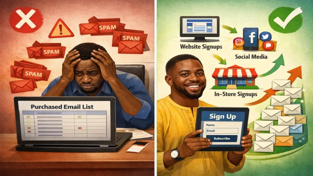 Comparison showing wrong way vs right way to build email list for Nigerian businesses