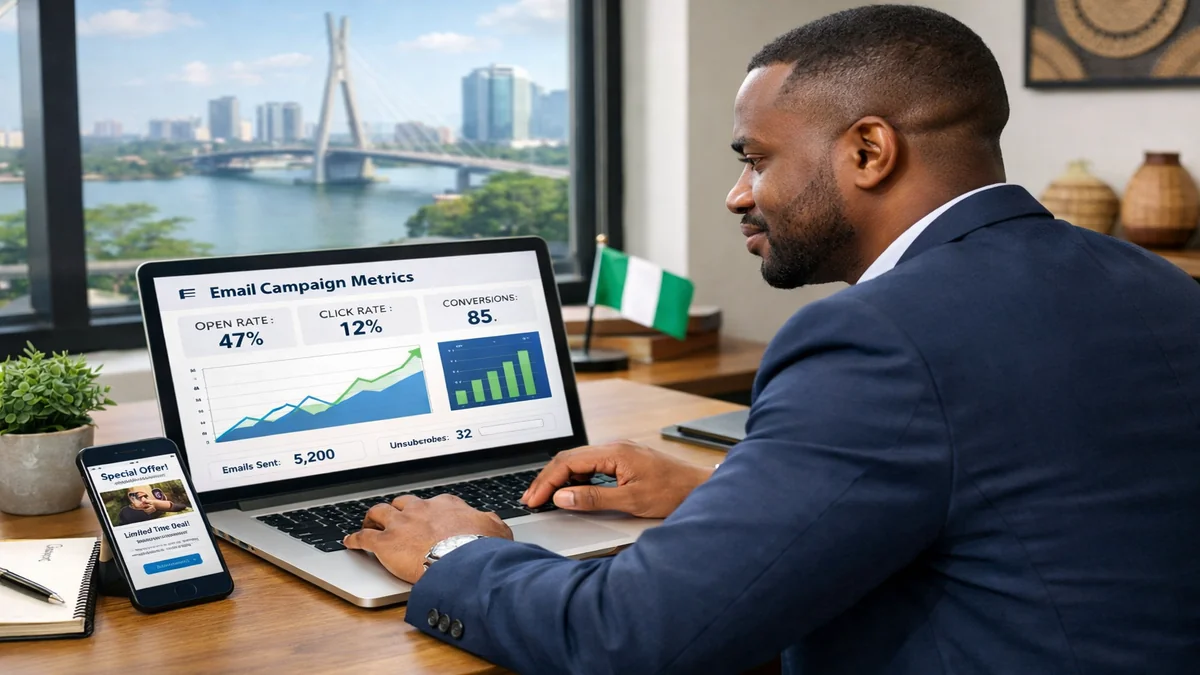 How to Create an Email Campaign in Nigeria, Nigerian business owner creating email marketing campaign on laptop with analytics dashboard
